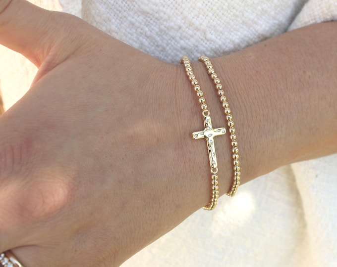 14k Gold Filled Cross Bracelet • Free Fast Shipping • Gift for Her • Stretch Design • Handmade in USA