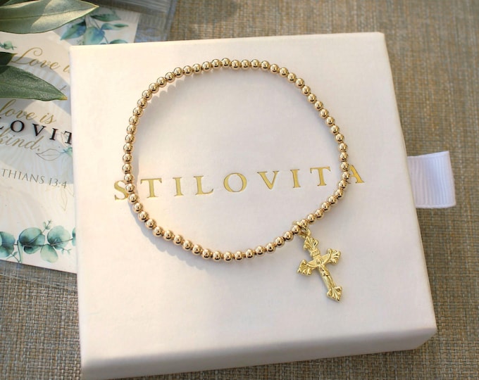 Gold Filled Crucifix Bracelet  • Free Fast Shipping • Gift for Her • Stretch Design • Handmade in USA