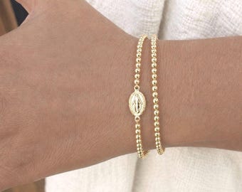 Gold Filled Beaded Virgin Mary Bracelet Handmade in USA • Free Fast Shipping • Gift for Her • Stretch Design