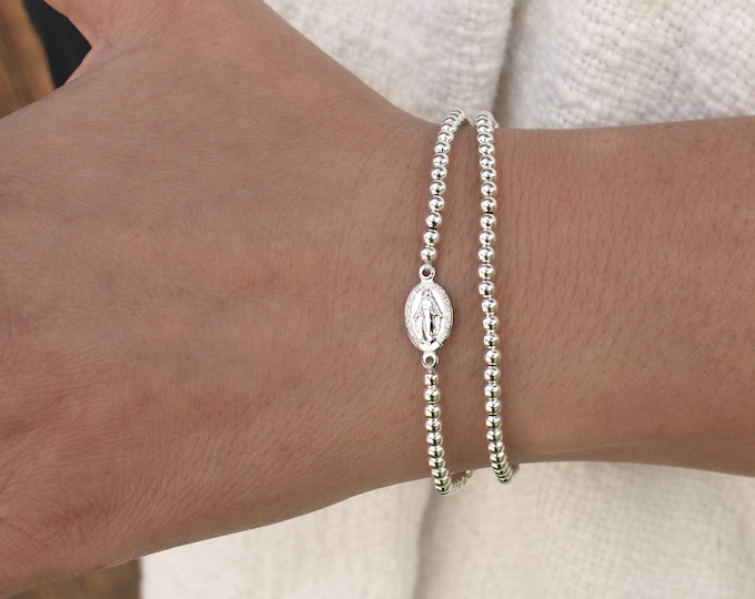 Sterling Silver Beaded Virgin Mary Bracelet Handmade in USA • Free Fast Shipping • Gift for Her • Stretch Design