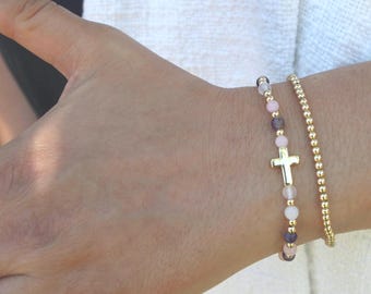 Gold Filled Stone Cross Bracelet Handmade in USA • Free Fast Shipping • Gift For Her • Stretch Design