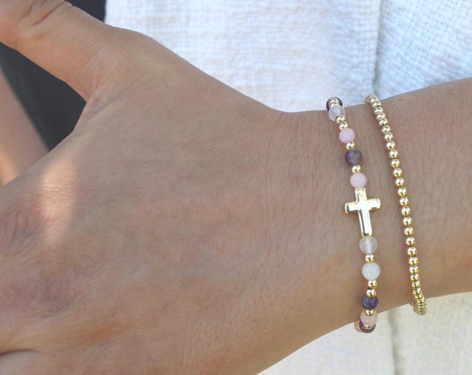 Gold Filled Stone Cross Bracelet Handmade in USA • Free Fast Shipping • Gift For Her • Stretch Design