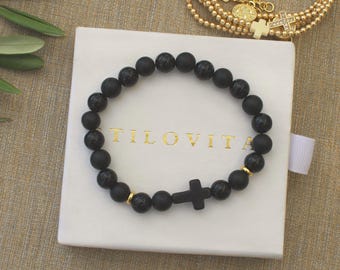 Men's Black Cross Bracelet • Handmade in USA • Gift for Him • Stretch Design • Free Fast Shipping • Mens Jewelry