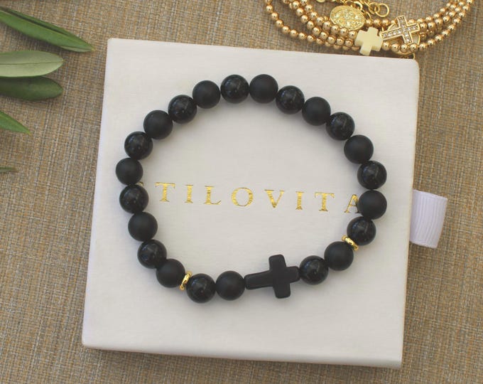 Men's Black Cross Bracelet • Handmade in USA • Gift for Him • Stretch Design • Free Fast Shipping • Mens Jewelry