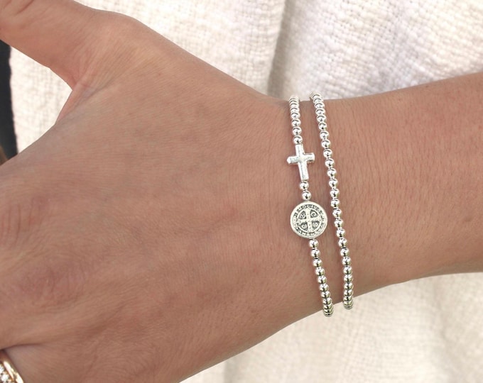 Sterling Silver St Benedict Rosary Bracelet Handmade in USA • Free Fast Shipping • Beautiful Gift for Her • Stretch • 925 Silver Jewelry