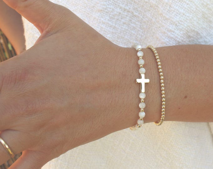 Gold Filled Moonstone Cross Bracelet Handmade in USA • Free Fast Shipping • Beautiful Gift For Her • Stretch Design • 14k Gold Jewelry