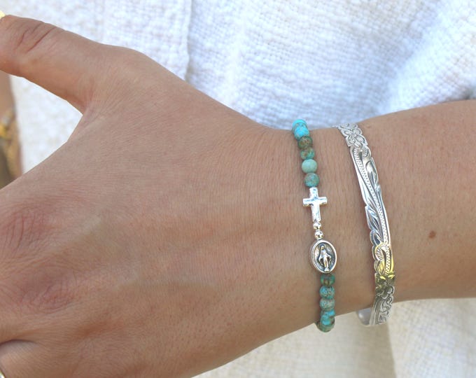 925 Silver Turquoise Rosary Bracelet • Free Fast Shipping • Gift for Her • Stretch • Handmade in USA