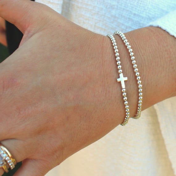 Sterling Silver Cross Bracelet Handmade in USA • Free Fast Shipping • Beautiful Gift For her • Stretch Design • 925 Jewelry • No Tarnish