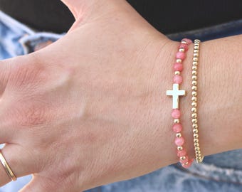 Gold Filled Breast Cancer Awareness Cross Bracelet Handmade in USA • Free Fast Shipping • Gift For Her • Stretch Design • 14k Gold Jewelry