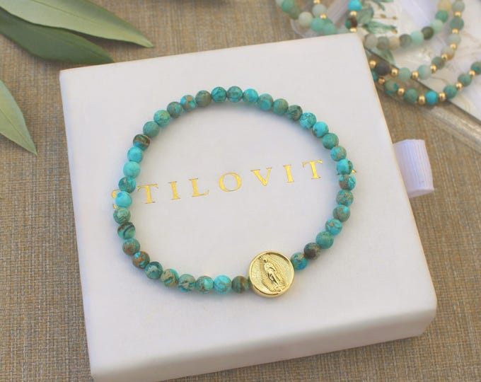 Gold Filled Virgin Mary Stone Bracelet Handmade in USA • Free Fast Shipping • Gift For Her • Stretch Design