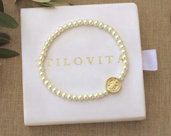 Saint Benedict Pearl Bracelet • Handmade in USA • Free Fast Shipping • Gift for Her • Stretch Design