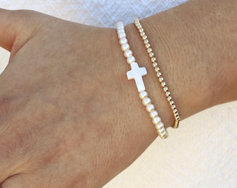 Pearl Cross Bracelet • Handmade in USA •  Free Fast Shipping • Gift for Her • Stretch Design