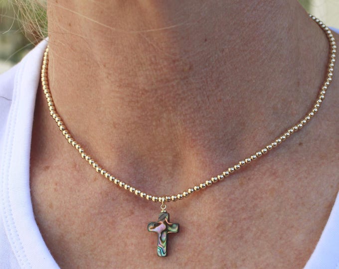 14k Gold Filled Beaded Abalone Cross Necklace Handmade in USA • Gift for her • Free Fast Shipping •