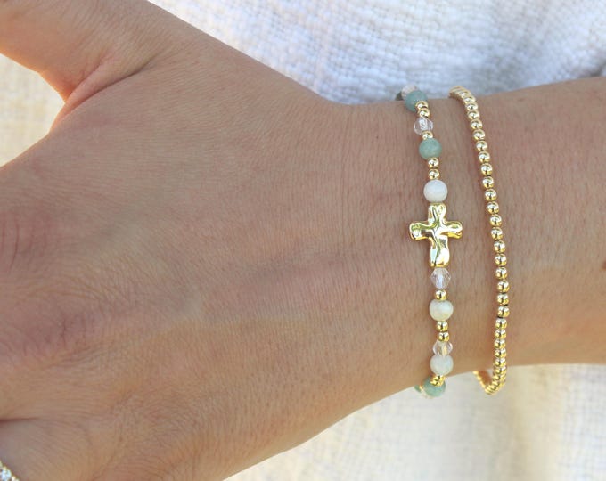 Gold Filled Cross Stone Bracelet Handmade in USA • Free Fast Shipping • Beautiful Gift For Her • Stretch Design • 14k Gold Jewelry