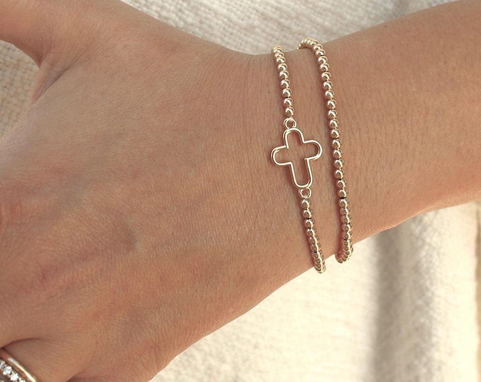Gold Filled Open Cross Bracelet  • Free Fast Shipping • Gift For Her • Stretch Design • Handmade in USA