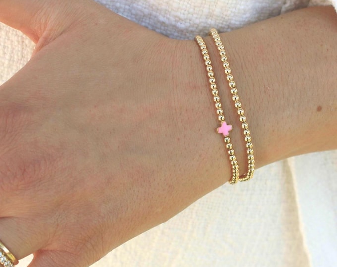 Gold Filled Pink Cross Bracelet Handmade in USA • Free Fast Shipping • Beautiful Gift for Her • Stretch Design • 14k Jewelry