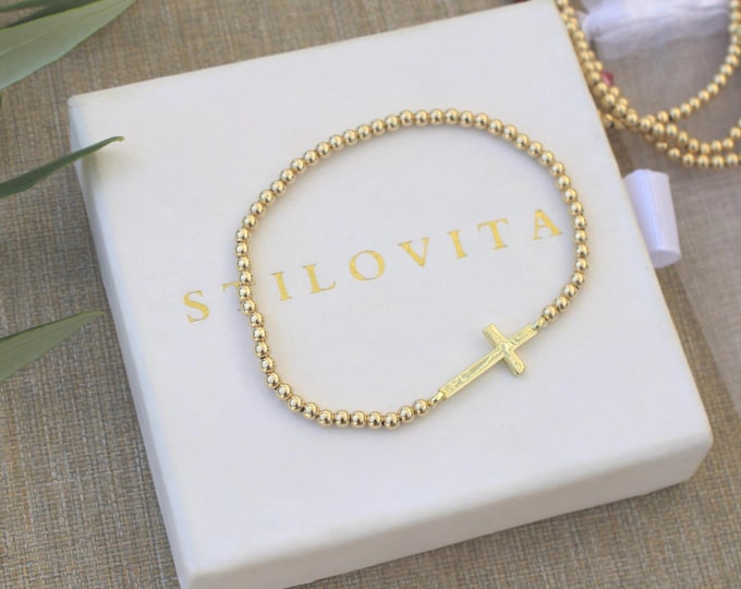 Gold Filled Cross Bracelet Handmade in USA • Free Fast Shipping • Beautiful Gift For Her • Stretch Design • 14k Gold Jewelry