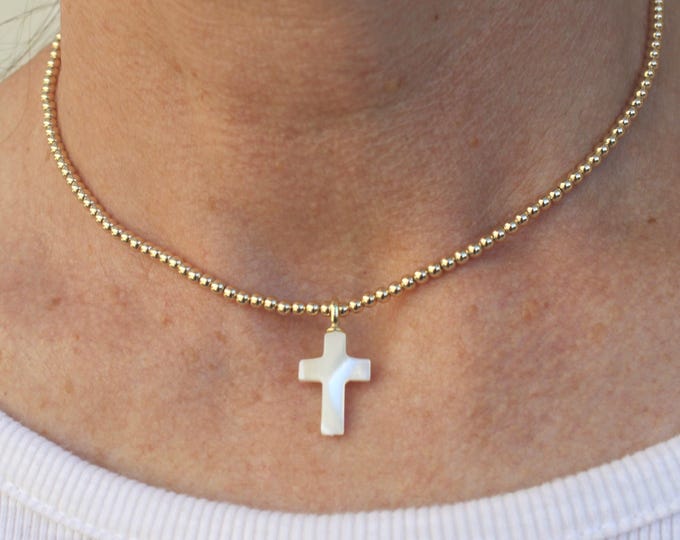 14k Gold Filled Stone Cross Necklace Handmade in USA • Gift for her • Free Fast Shipping • 14k Gold Jewelry