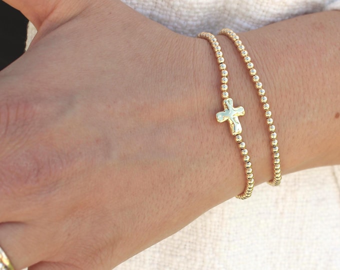 Gold Filled Cross Bracelet  • Free Fast Shipping • Gift For Her • Stretch Design •  Handmade in USA