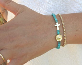 Gold Filled Turquoise Rosary Bracelet Handmade in USA • Free Fast Shipping • Beautiful Gift for Her • Stretch Design • 14k Jewelry