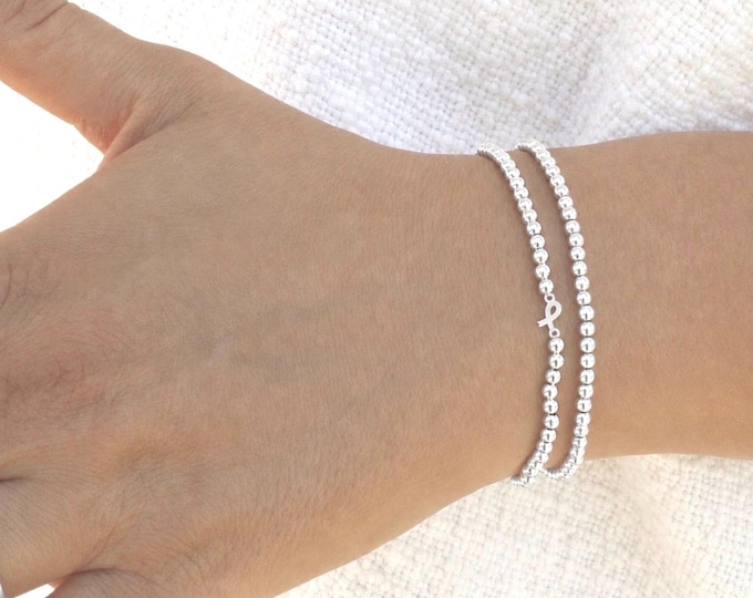 Sterling Silver Breast Cancer Charm Bracelet Handmade in USA • Free Fast Shipping • Beautiful Gift for Her • Stretch Design
