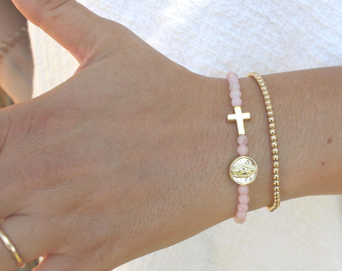 Gold Filled Rose Quartz Rosary Bracelet Handmade in USA • Free Fast Shipping • Beautiful Gift for Her • Stretch Design • 14k Jewelry