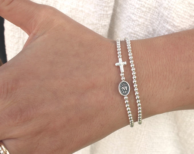 Sterling Silver Rosary Bracelet Handmade in USA • Free Fast Shipping • Beautiful Gift for Her • Stretch • 925 Silver Jewelry