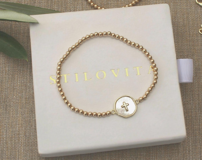 Gold Filled Cross Bracelet  • Free Fast Shipping • Gift for Her • Stretch Design • Handmade in USA