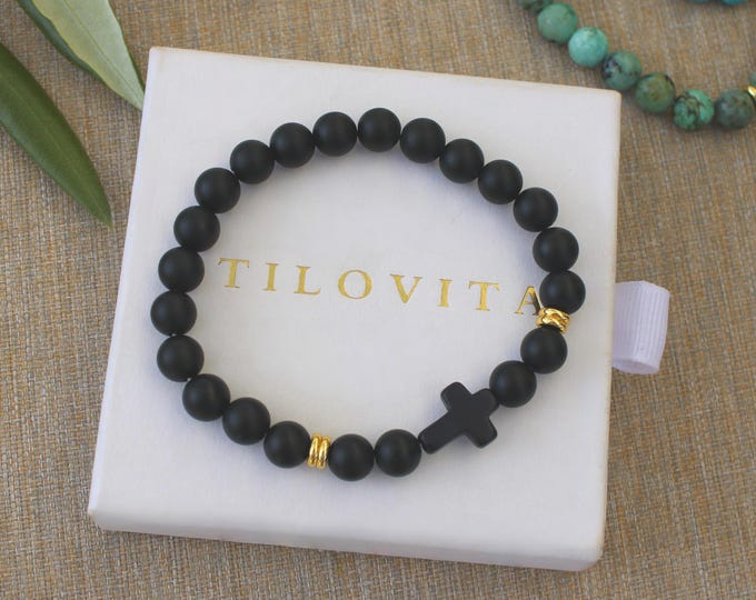 Men's Black Cross Bracelet • Handmade in USA • Gift for Him • Stretch Design • Free Fast Shipping