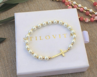 Gold Filled Cross Pearl Bracelet Handmade in USA • Free Fast Shipping
