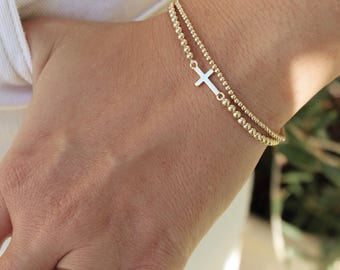 Gold Filled Cross Bracelet Handmade in USA • Free Fast Shipping • Beautiful Gift For Her • Stretch Design • 14k Gold Jewelry • No Tarnish