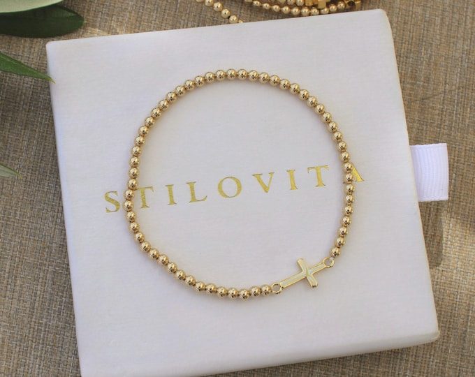 Gold Filled Cross Bracelet Handmade in USA • Free Fast Shipping • Beautiful Gift For Her • Stretch Design • 14k Gold Jewelry