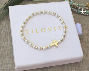 Gold Filled Pearl Cross Bracelet Handmade in USA • Free Fast Shipping • Gift For Her • Stretch Design • 14k Gold Jewelry