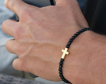 Gold Cross Stone Bracelet • Handmade in USA • Gift for Him • Stretch Design • Free Fast Shipping • Men's Jewelry