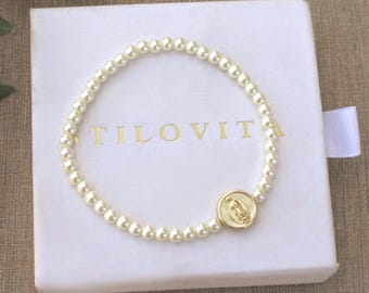 Gold Filled Virgin Mary Pearl Bracelet • Handmade in USA • Gift for Her • Stretch Design