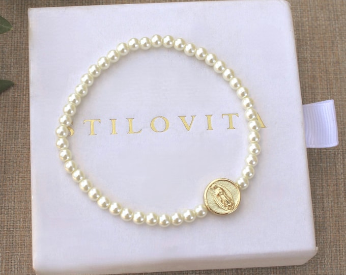 Gold Filled Virgin Mary Pearl Bracelet • Handmade in USA • Gift for Her • Stretch Design