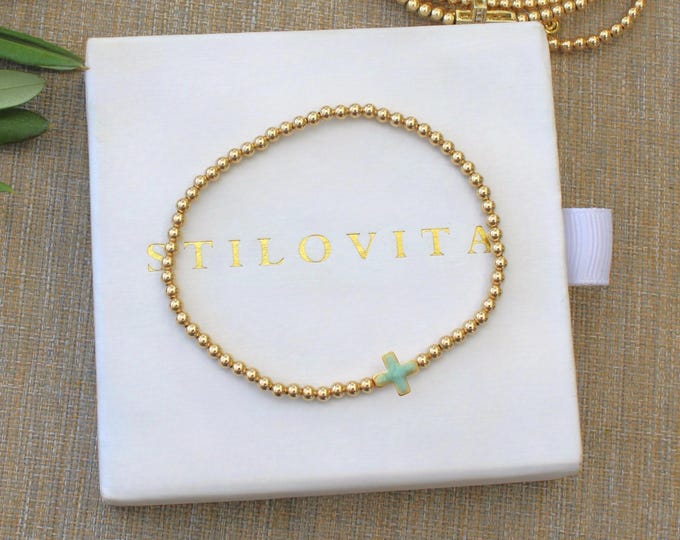 Gold Filled Blue Cross Bracelet  • Free Fast Shipping • Gift For Her • Stretch Design  • Handmade in USA