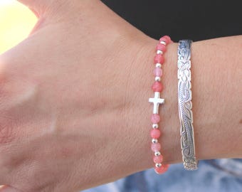 Sterling Silver Breast Cancer Awareness Cross Bracelet Handmade in USA • Free Fast Shipping • Gift for Her • Stretch • Handmade in USA