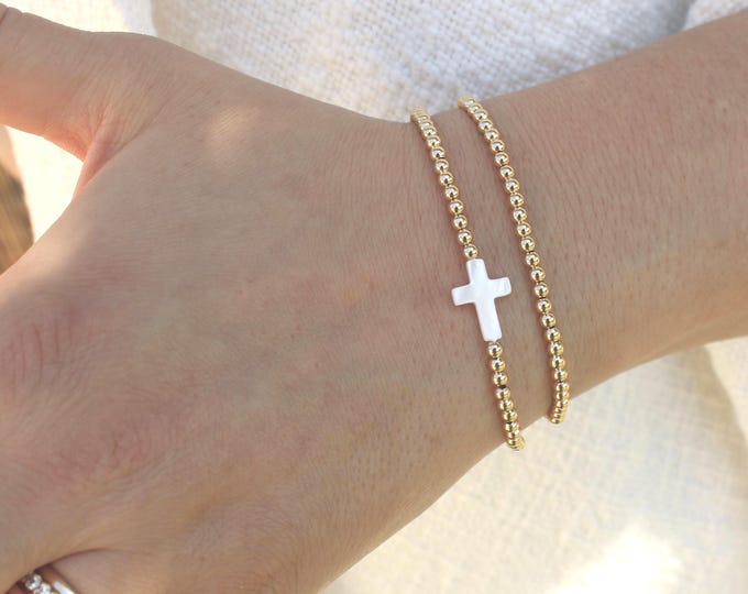 Gold Filled Stone Cross Bracelet  • Free Fast Shipping •  Gift for Her • Stretch Design • Handmade in USA