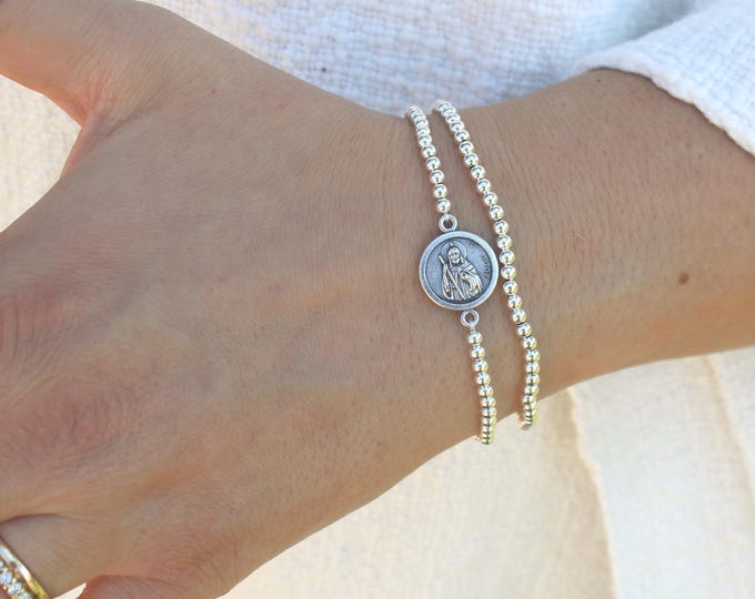 Sterling Silver Saint Jude Bracelet Handmade in USA • Free Fast Shipping • Beautiful Gift for Her • Stretch Design • 925 Silver Jewelry