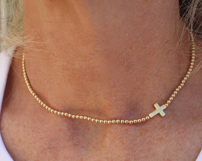 14k Gold Filled Beaded Cross Necklace Handmade in USA • Gift for her • Free Fast Shipping • Ready to gift
