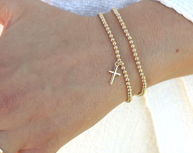 Gold Filled Cross Bracelet  • Free Fast Shipping • Gift For Her • Stretch Design • Handmade in USA