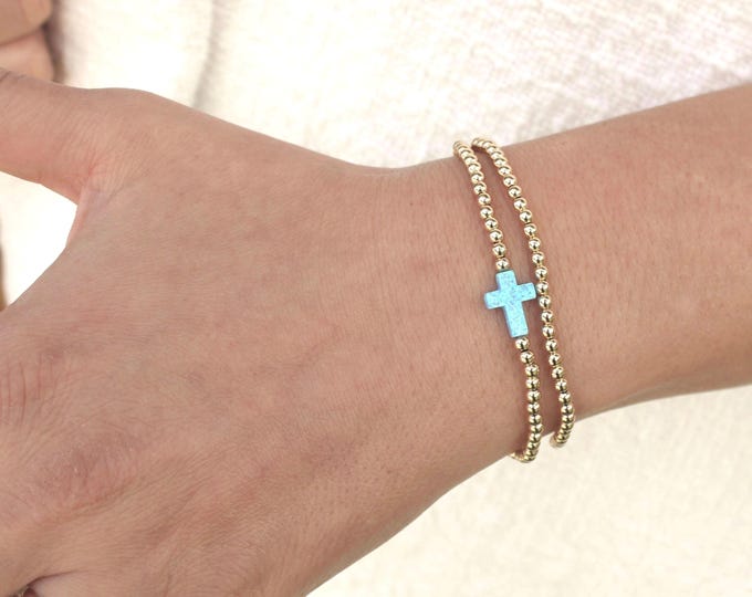 Gold Filled Blue Opal Cross Bracelet • Free Fast Shipping • Gift For Her • Stretch Design • Handmade in USA