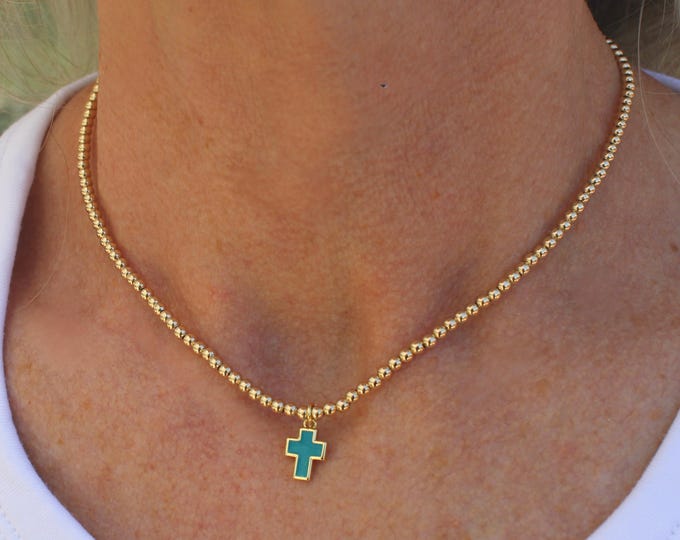 Featured listing image: 14k Gold Filled Beaded Teal Cross Necklace Handmade in USA • Gift for her • Free Fast Shipping