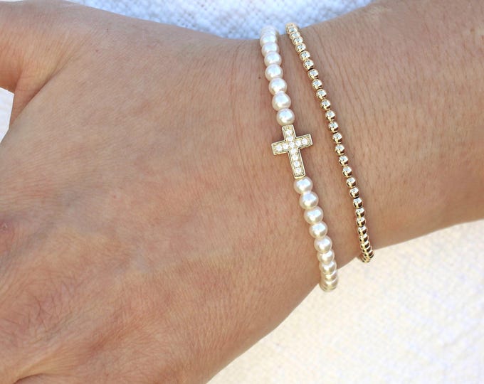 Gold Cross Pearl Beaded Bracelet Handmade in USA • Free Fast Shipping • Gift for Her • Stretch Design • 14k Gold Jewelry