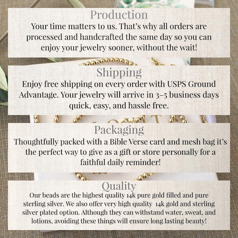 May include: Image with text about jewelry production, shipping, packaging, and quality. The text highlights same-day processing, free shipping, gift packaging, and the use of 14k gold and sterling silver beads.
