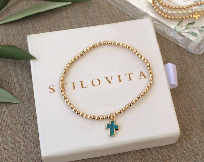Gold Filled Teal Cross Bracelet • Free Fast Shipping • Gift For Her • Stretch Design • Handmade in USA