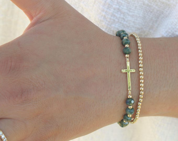 Gold and Faceted Bead Cross Bracelet Handmade in USA • Free Fast Shipping • Beautiful Gift For Her • Stretch Design • 14k Gold Jewelry