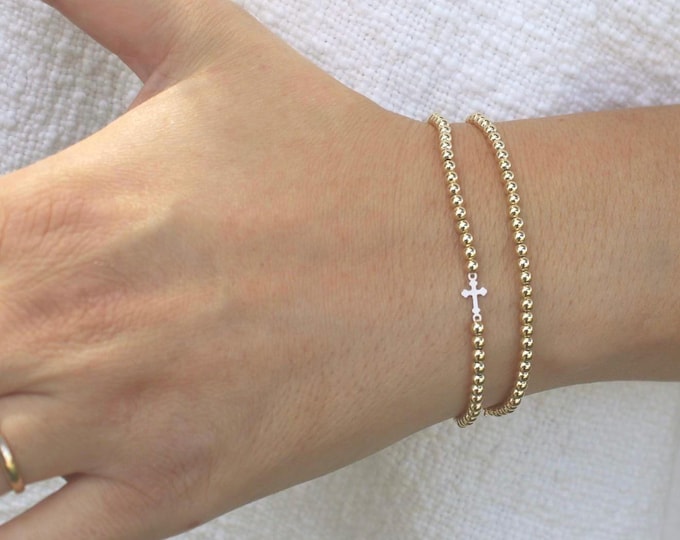 Gold Filled Cross Bracelet Handmade in USA • Free Fast Shipping • Beautiful Gift For Her • Stretch Design • 14k Gold Jewelry