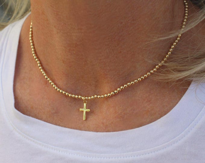 14k Gold Filled Beaded Cross Necklace Handmade in USA • Gift for her • Free Fast Shipping • Ready to gift • Clasp Necklace • Gold Jewelry